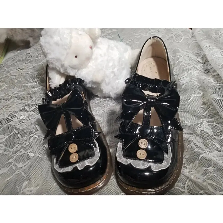 Sohiwoo kawaii shoes loli cos Japanese student sweet lolita shoes vintage round head comfortable women shoes cute lace ruffle bowknot ka