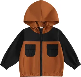 Toddler Baby Boy Fall Winter Jacket Kids Lightweight Windbreaker Outerwear Color Block Hooded Sweatshirt Coat