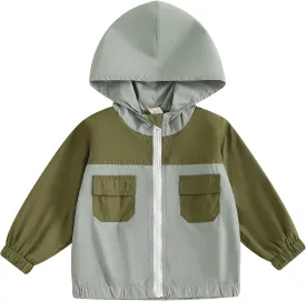 Toddler Baby Boy Fall Winter Jacket Kids Lightweight Windbreaker Outerwear Color Block Hooded Sweatshirt Coat