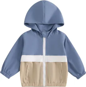 Toddler Baby Boy Fall Winter Jacket Kids Lightweight Windbreaker Outerwear Color Block Hooded Sweatshirt Coat