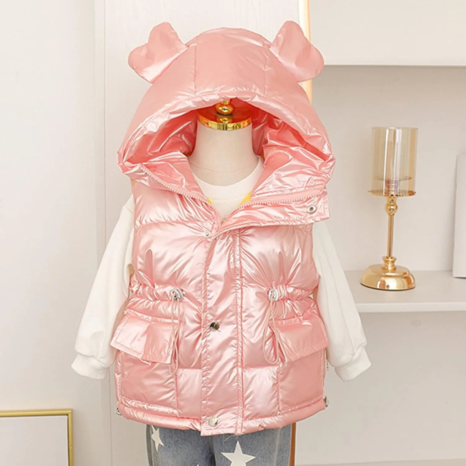 Toddler Boys Girls Puffer Vest Lightweight Water-Resistant Winter Warm Jacket Hoodie Kids Sleeveless Shiny Coats