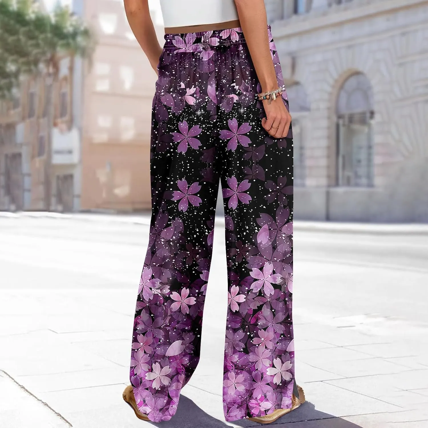 Wide Leg Pants Woman Flowy Summer Casual Travel Pants Boho Palazzo Pants High Waist Floral Printing Trousers