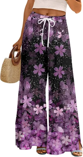 Wide Leg Pants Woman Flowy Summer Casual Travel Pants Boho Palazzo Pants High Waist Floral Printing Trousers