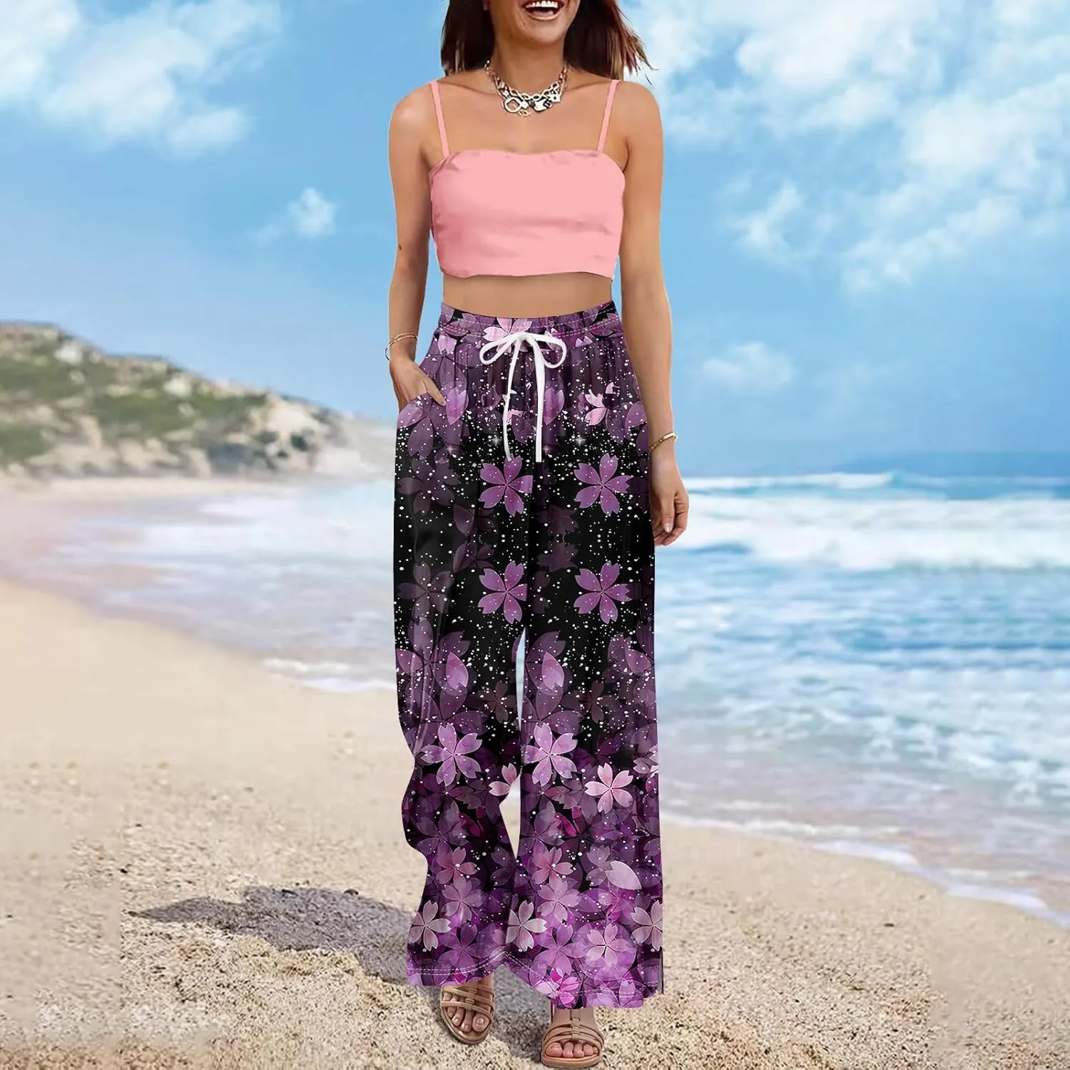 Wide Leg Pants Woman Flowy Summer Casual Travel Pants Boho Palazzo Pants High Waist Floral Printing Trousers