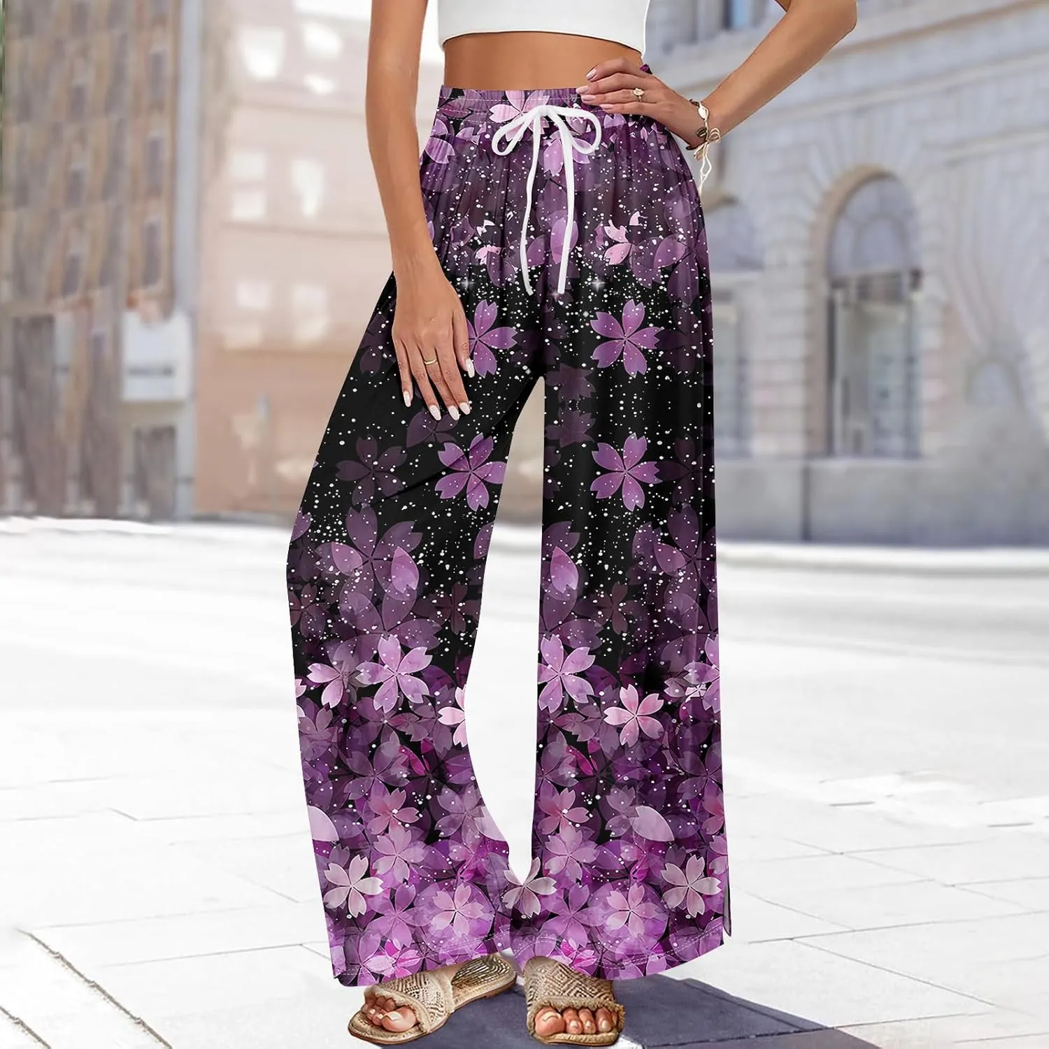 Wide Leg Pants Woman Flowy Summer Casual Travel Pants Boho Palazzo Pants High Waist Floral Printing Trousers