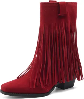 Women's Fringe Cowgirl Boots Chunky Heels Western Cowboy Tassel Boots Fashion Almond Square Toe Concert Wedding Shoes