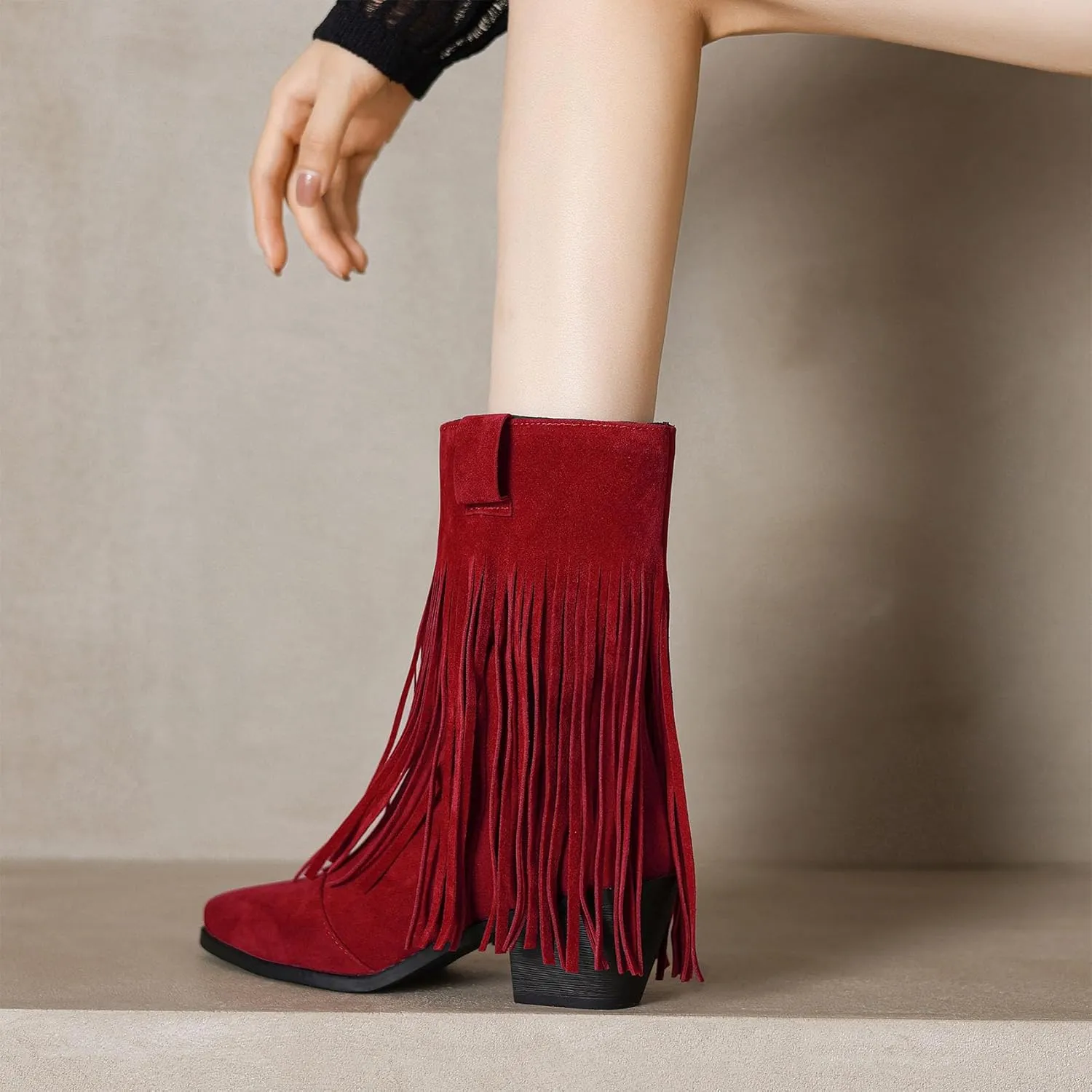 Women's Fringe Cowgirl Boots Chunky Heels Western Cowboy Tassel Boots Fashion Almond Square Toe Concert Wedding Shoes