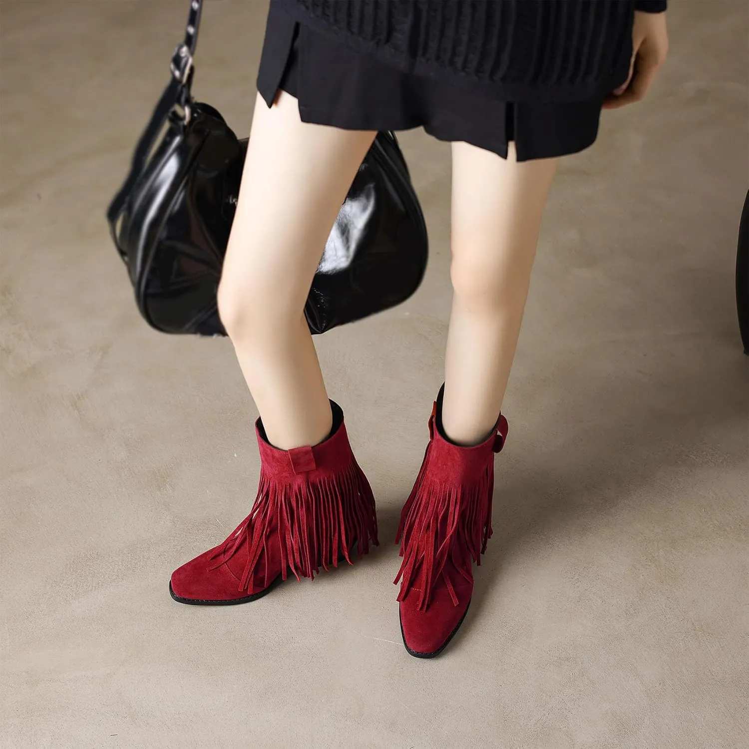 Women's Fringe Cowgirl Boots Chunky Heels Western Cowboy Tassel Boots Fashion Almond Square Toe Concert Wedding Shoes
