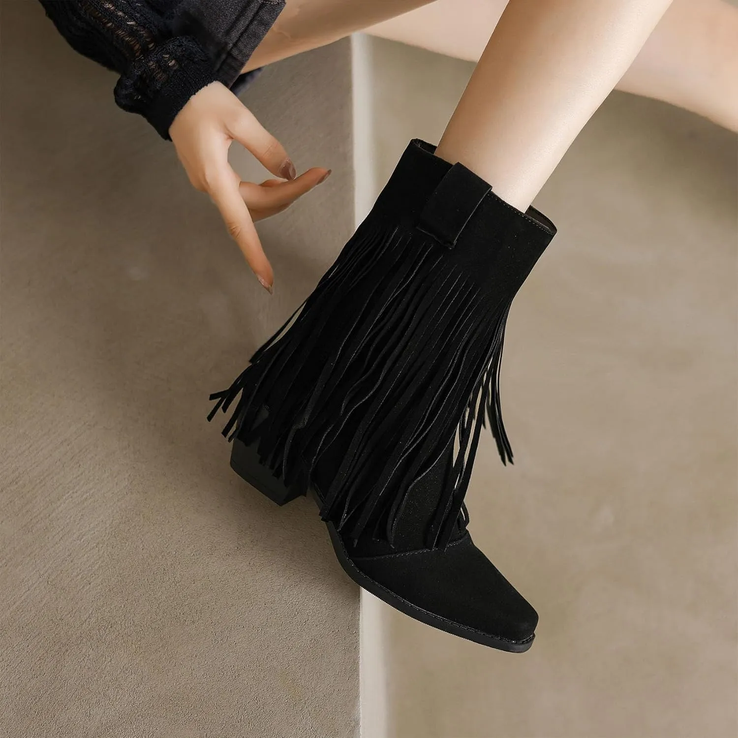 Women's Fringe Cowgirl Boots Chunky Heels Western Cowboy Tassel Boots Fashion Almond Square Toe Concert Wedding Shoes