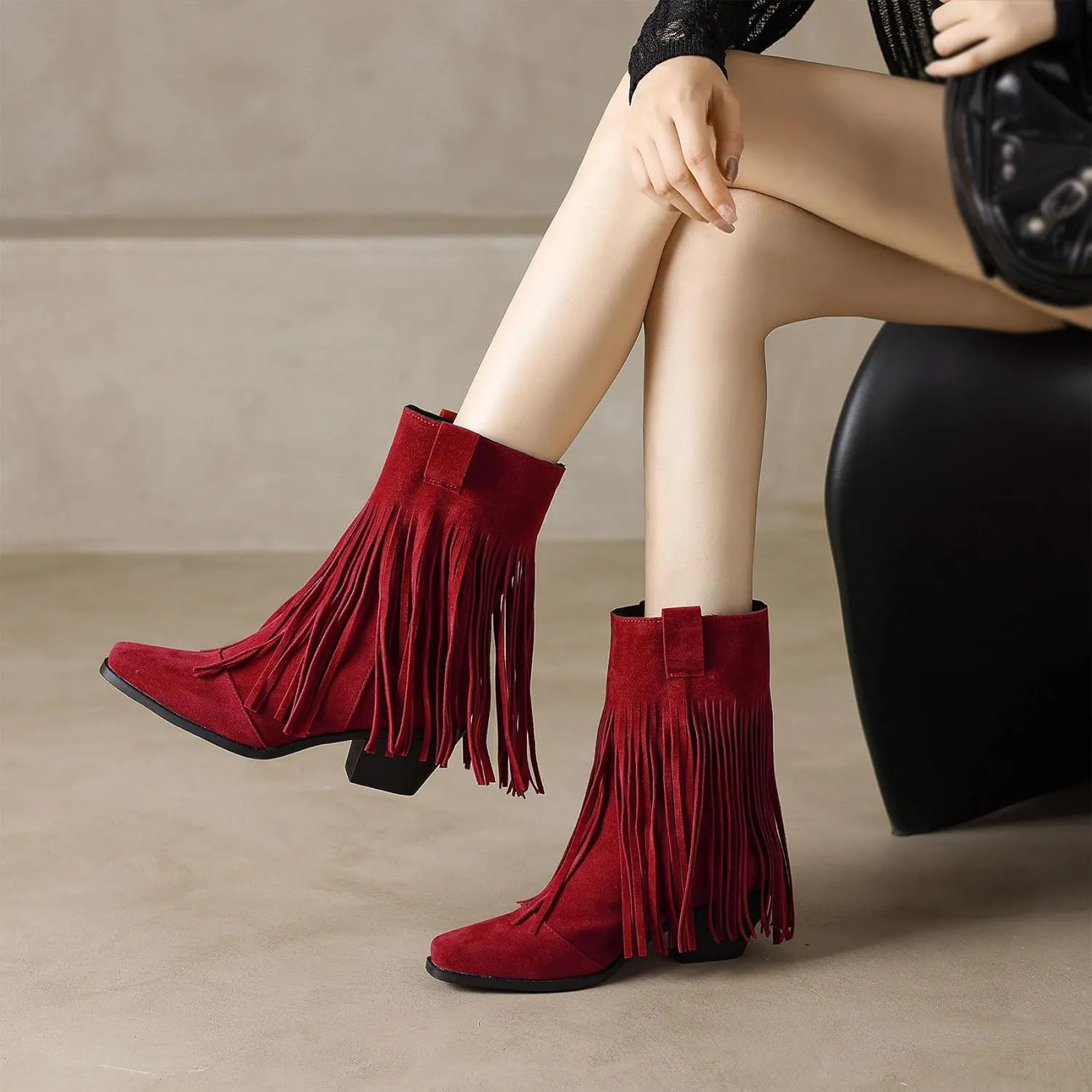 Women's Fringe Cowgirl Boots Chunky Heels Western Cowboy Tassel Boots Fashion Almond Square Toe Concert Wedding Shoes