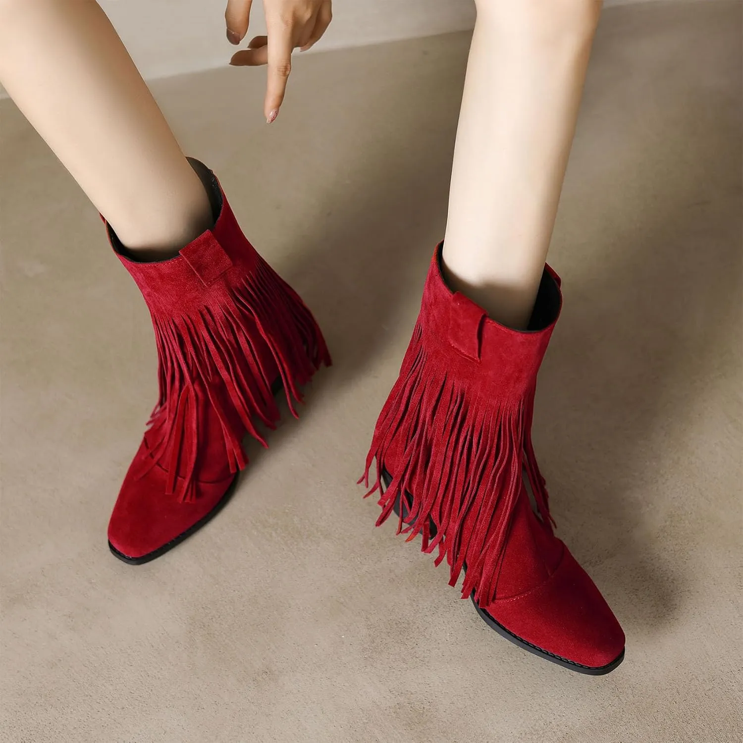 Women's Fringe Cowgirl Boots Chunky Heels Western Cowboy Tassel Boots Fashion Almond Square Toe Concert Wedding Shoes