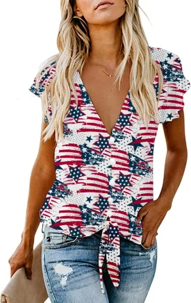 Women's Sexy Tie Front Button Flutter Sleeve Red White Blue Patriotic American Flag Holiday Blouse Tops