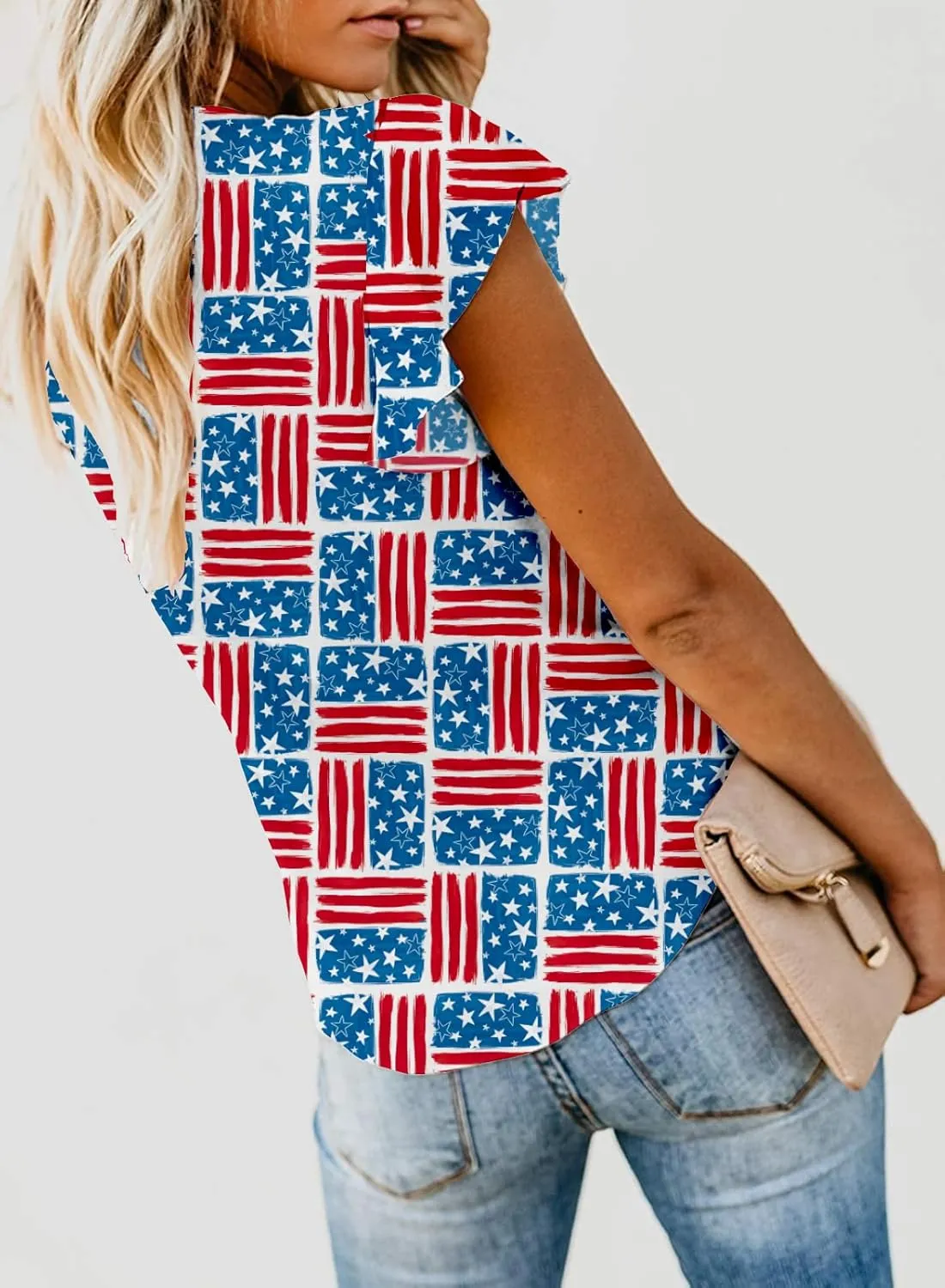 Women's Sexy Tie Front Button Flutter Sleeve Red White Blue Patriotic American Flag Holiday Blouse Tops