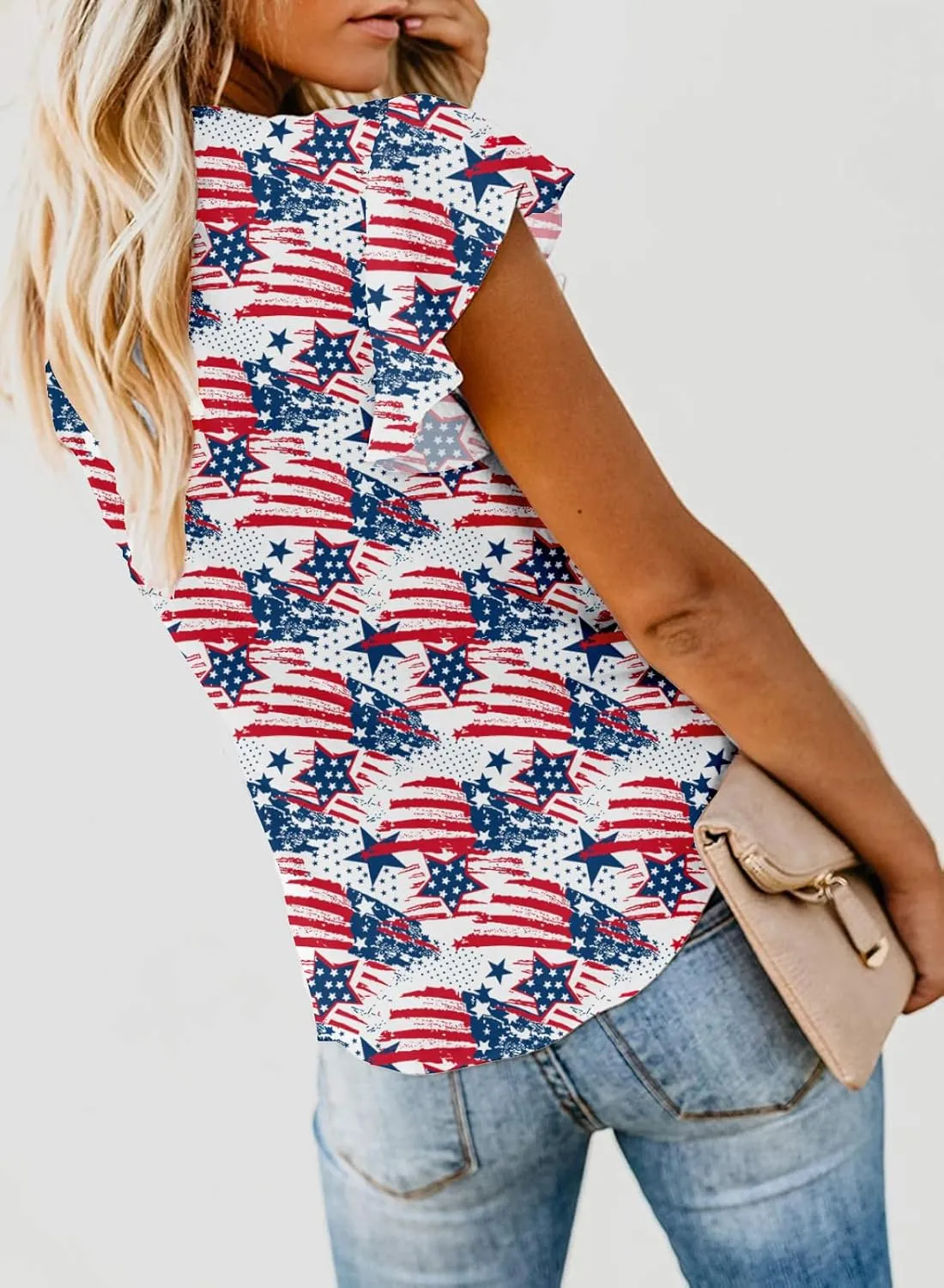Women's Sexy Tie Front Button Flutter Sleeve Red White Blue Patriotic American Flag Holiday Blouse Tops