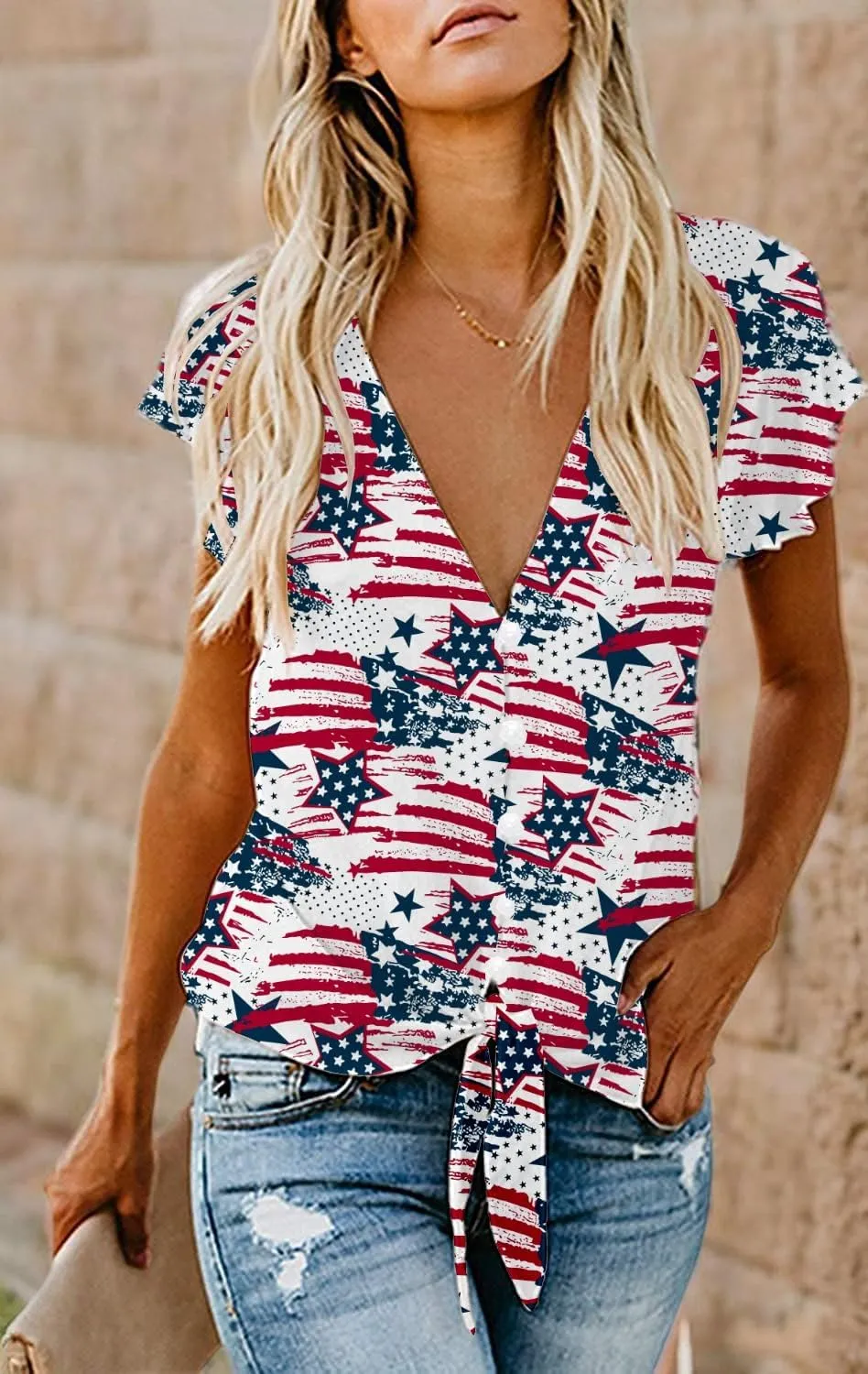 Women's Sexy Tie Front Button Flutter Sleeve Red White Blue Patriotic American Flag Holiday Blouse Tops