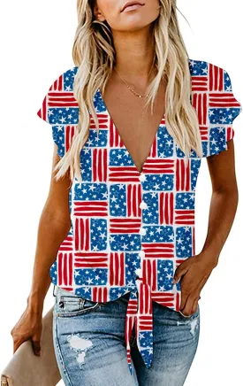 Women's Sexy Tie Front Button Flutter Sleeve Red White Blue Patriotic American Flag Holiday Blouse Tops