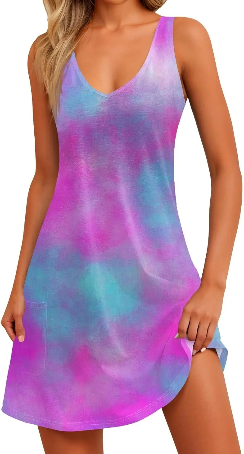 Womens Summer Dresses Printed Sleeveless Sundress Vacation Beach Dress with Pocket V Neck Casual Swimsuit Coverup