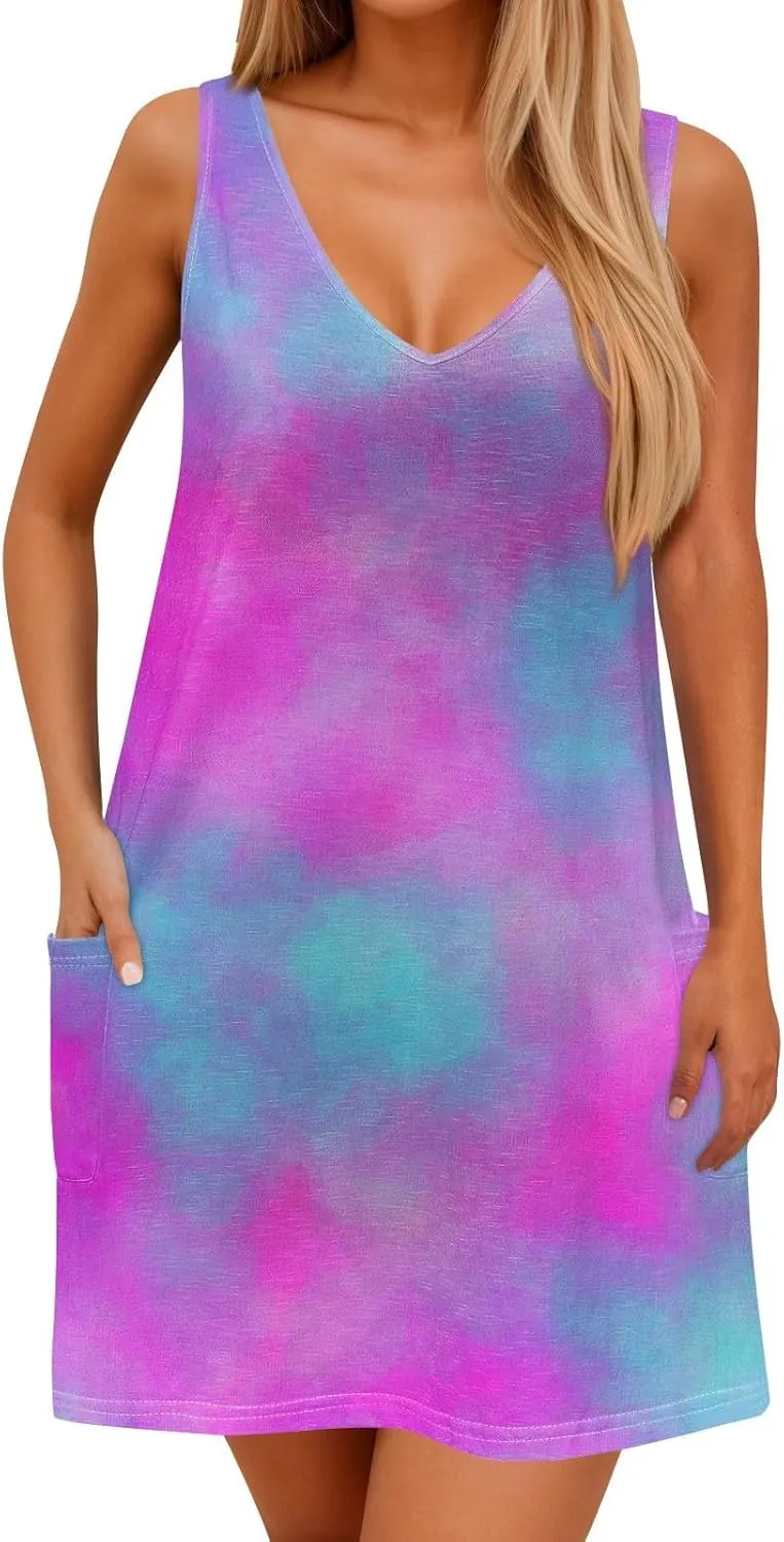 Womens Summer Dresses Printed Sleeveless Sundress Vacation Beach Dress with Pocket V Neck Casual Swimsuit Coverup