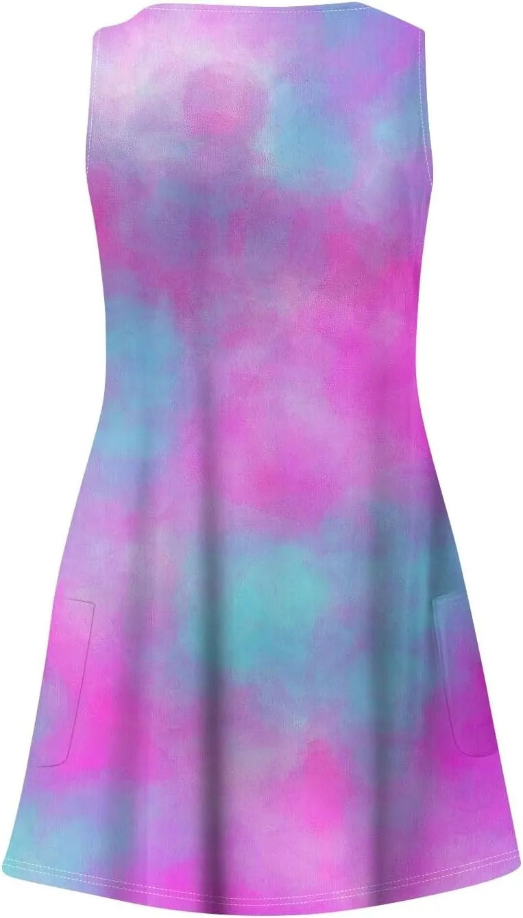 Womens Summer Dresses Printed Sleeveless Sundress Vacation Beach Dress with Pocket V Neck Casual Swimsuit Coverup