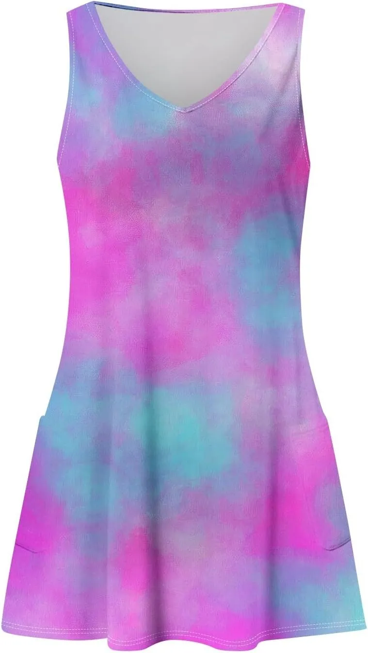 Womens Summer Dresses Printed Sleeveless Sundress Vacation Beach Dress with Pocket V Neck Casual Swimsuit Coverup