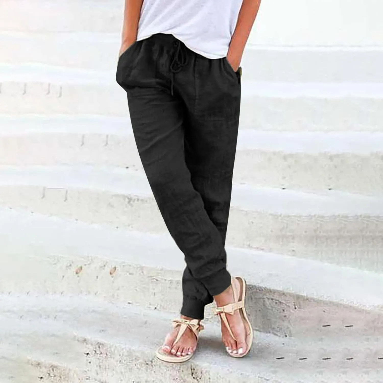 Womens Tapered Pants Cotton Linen Drawstring Back Elastic Waist Pants Lightweight Casual Trousers with Pockets