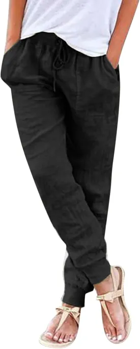 Womens Tapered Pants Cotton Linen Drawstring Back Elastic Waist Pants Lightweight Casual Trousers with Pockets