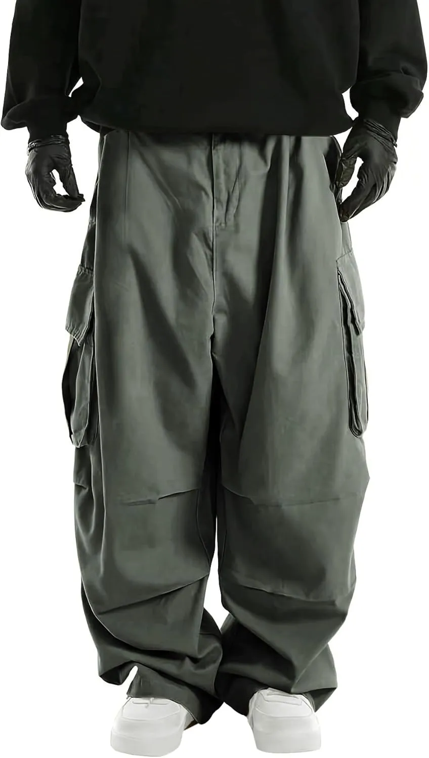 WZIKAI Men's Baggy Cargo Pants Elastic Waist Drawstring Parachute Cargo Pants Casual Joggers Hiking Pants with Pockets