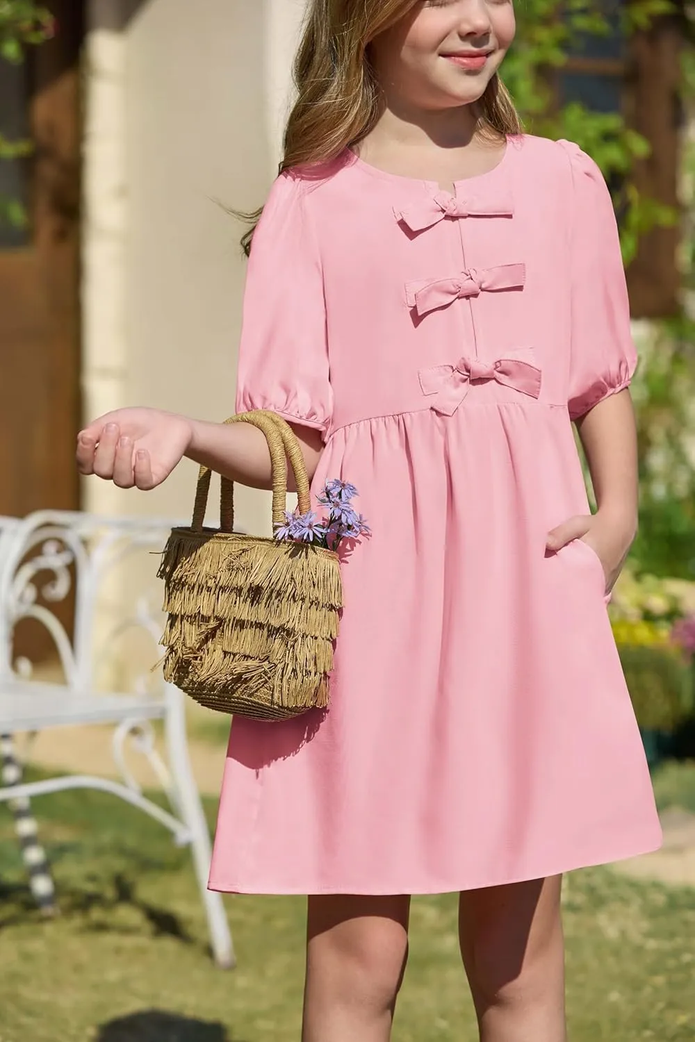 Yousify Girls Summer Dresses Cute Toddler Puff Short Sleeve Dresses A-Lined Flowy Trendy Bow tie Mini Dress Kids Outfits
