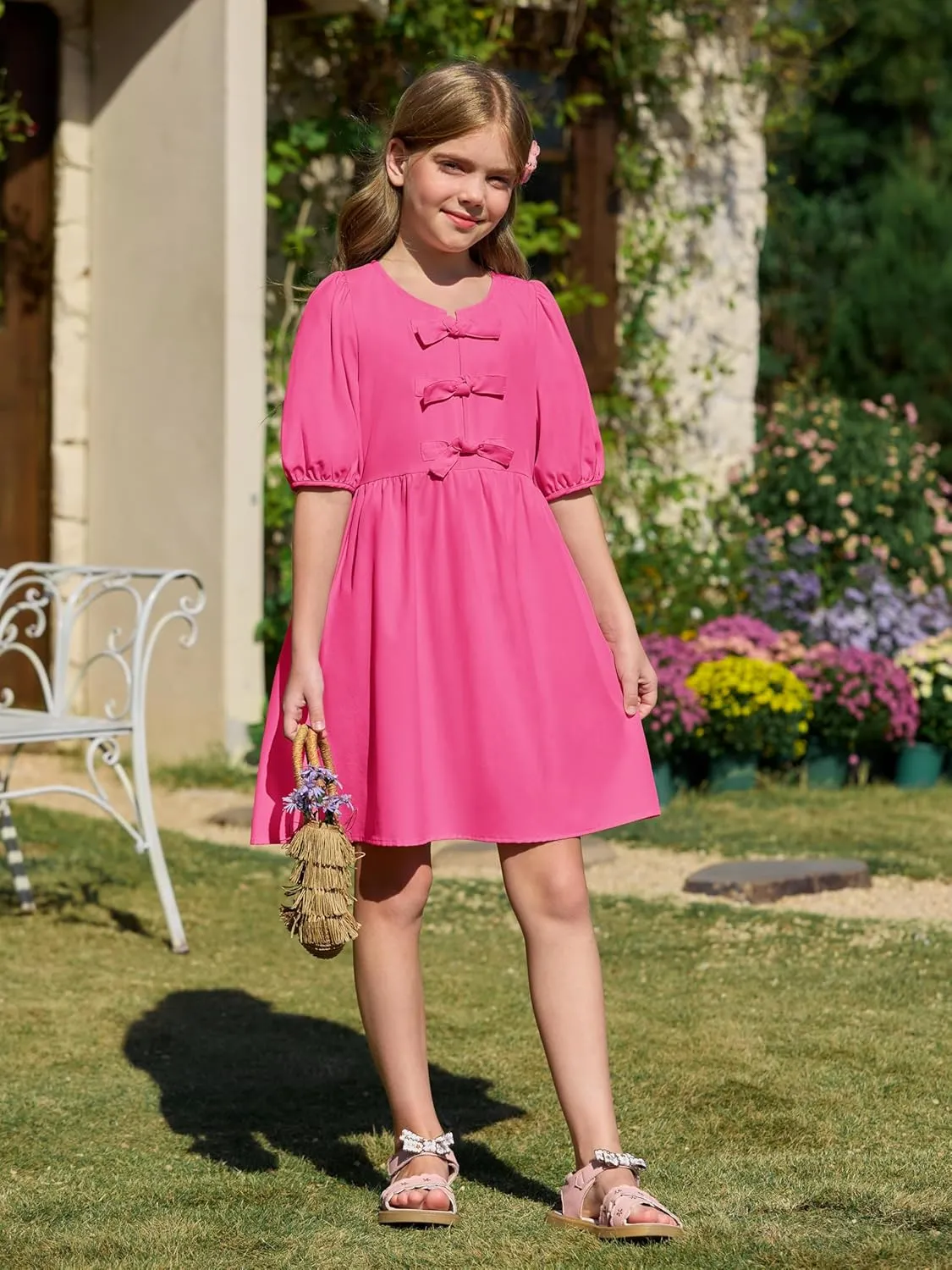 Yousify Girls Summer Dresses Cute Toddler Puff Short Sleeve Dresses A-Lined Flowy Trendy Bow tie Mini Dress Kids Outfits