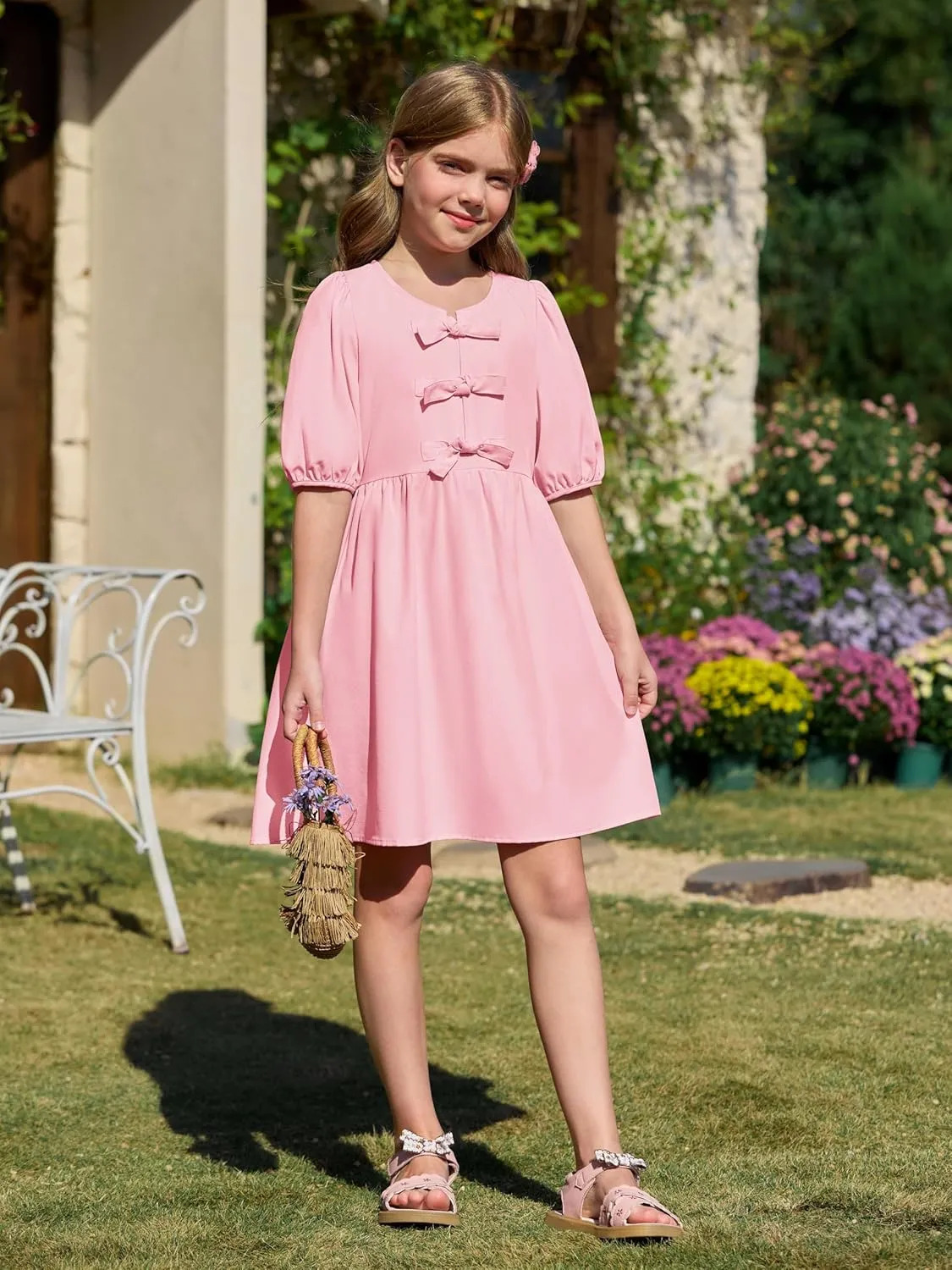 Yousify Girls Summer Dresses Cute Toddler Puff Short Sleeve Dresses A-Lined Flowy Trendy Bow tie Mini Dress Kids Outfits
