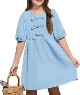 Yousify Girls Summer Dresses Cute Toddler Puff Short Sleeve Dresses A-Lined Flowy Trendy Bow tie Mini Dress Kids Outfits