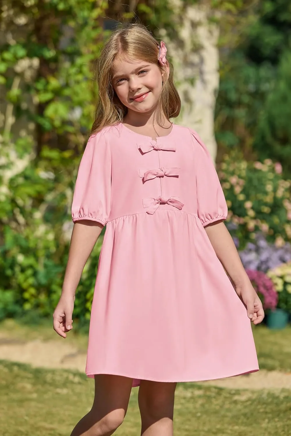 Yousify Girls Summer Dresses Cute Toddler Puff Short Sleeve Dresses A-Lined Flowy Trendy Bow tie Mini Dress Kids Outfits