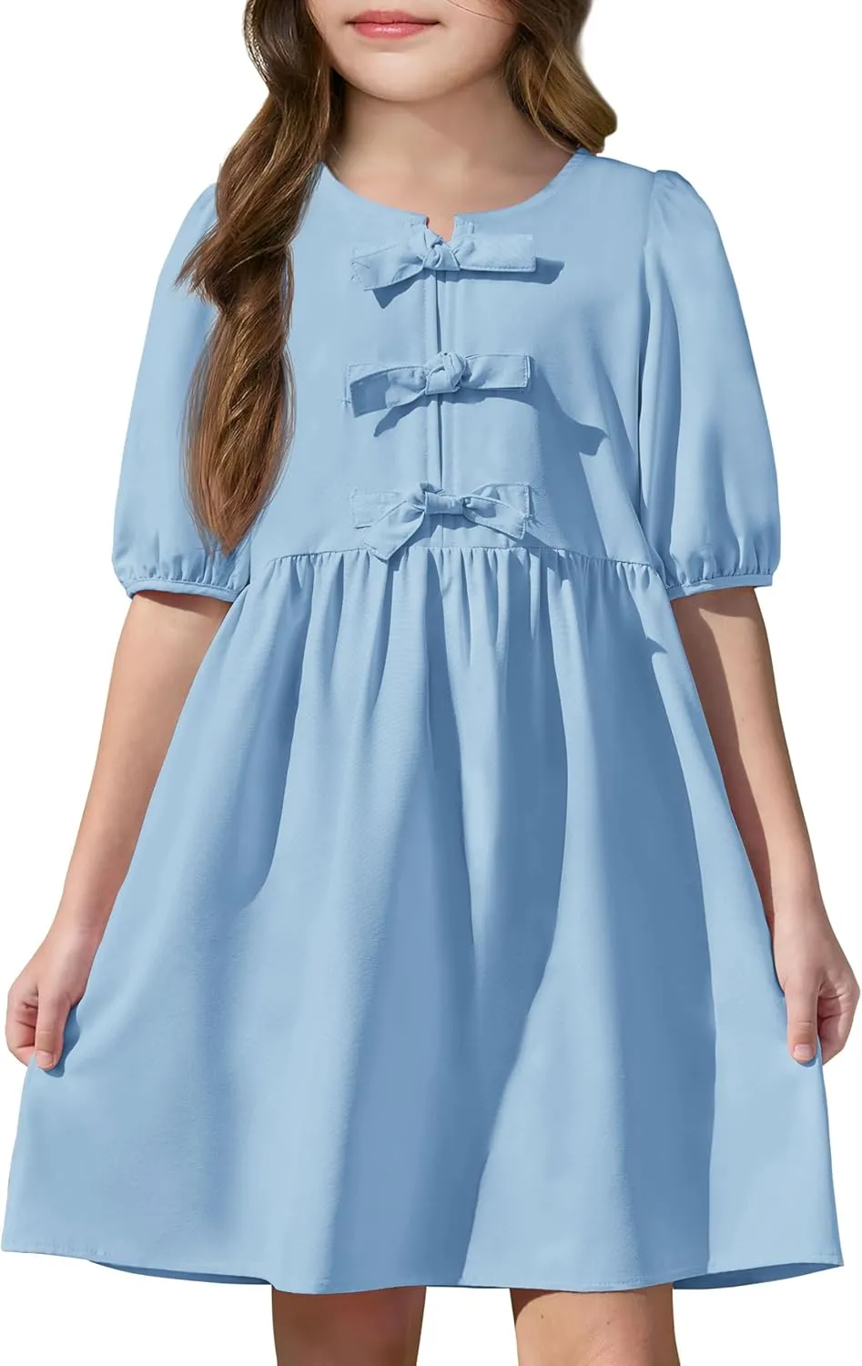 Yousify Girls Summer Dresses Cute Toddler Puff Short Sleeve Dresses A-Lined Flowy Trendy Bow tie Mini Dress Kids Outfits