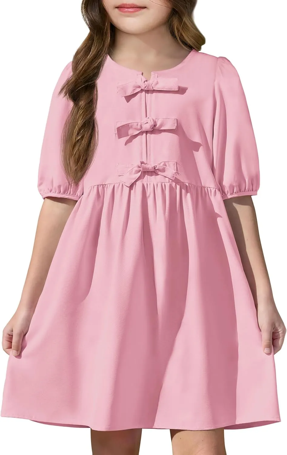 Yousify Girls Summer Dresses Cute Toddler Puff Short Sleeve Dresses A-Lined Flowy Trendy Bow tie Mini Dress Kids Outfits