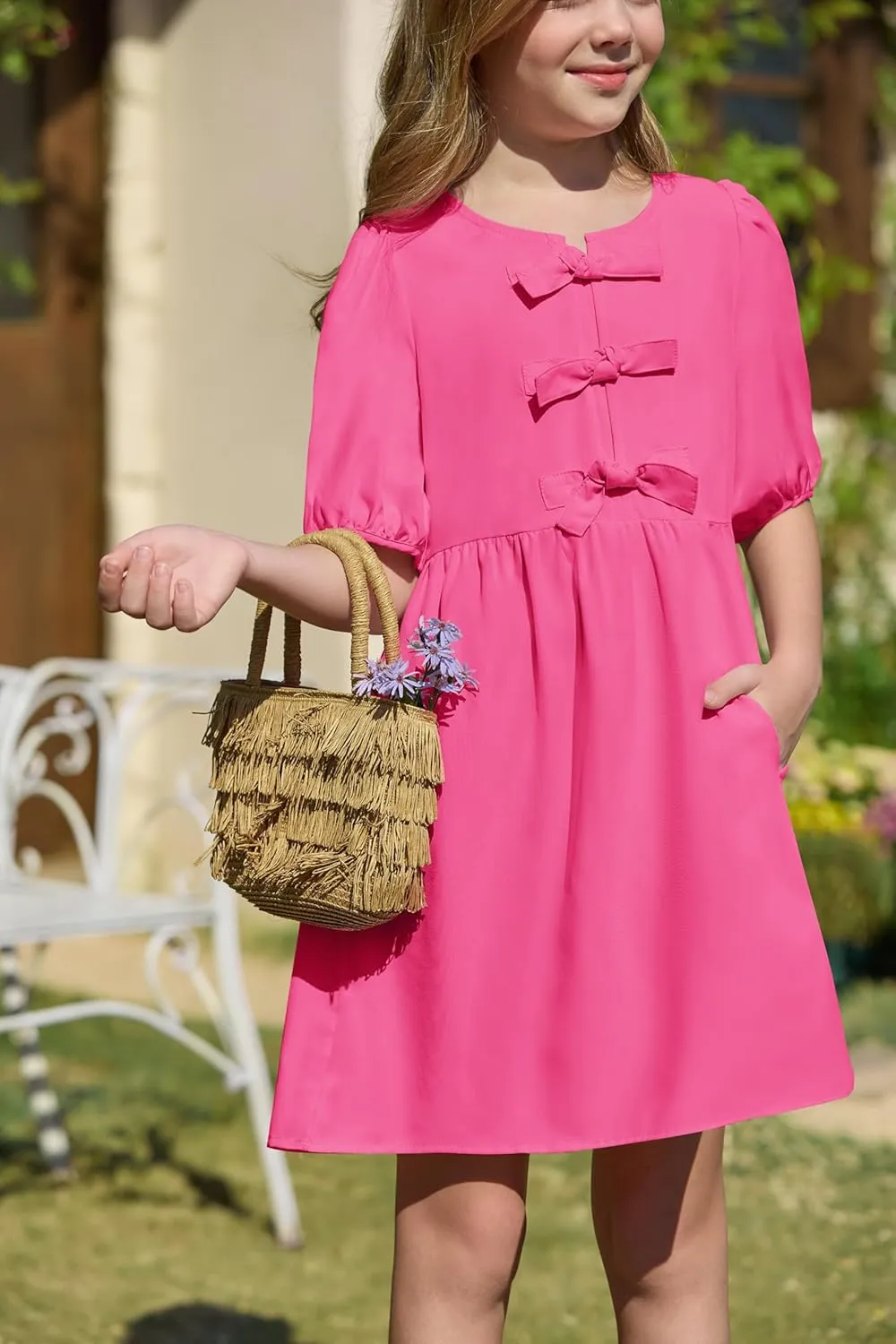 Yousify Girls Summer Dresses Cute Toddler Puff Short Sleeve Dresses A-Lined Flowy Trendy Bow tie Mini Dress Kids Outfits