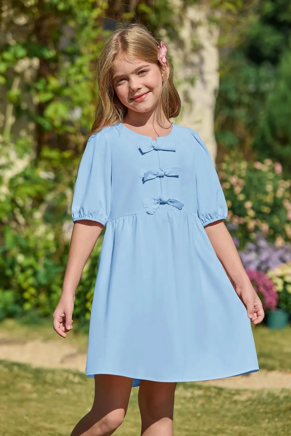 Yousify Girls Summer Dresses Cute Toddler Puff Short Sleeve Dresses A-Lined Flowy Trendy Bow tie Mini Dress Kids Outfits