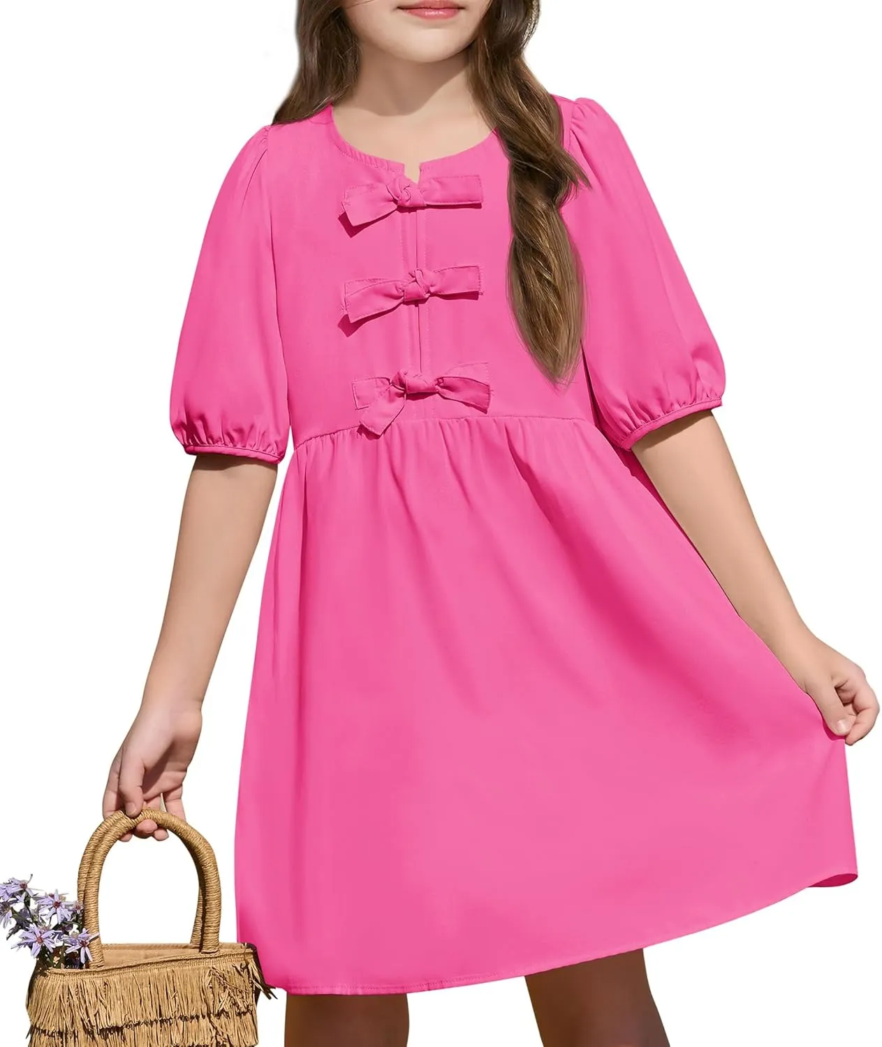 Yousify Girls Summer Dresses Cute Toddler Puff Short Sleeve Dresses A-Lined Flowy Trendy Bow tie Mini Dress Kids Outfits
